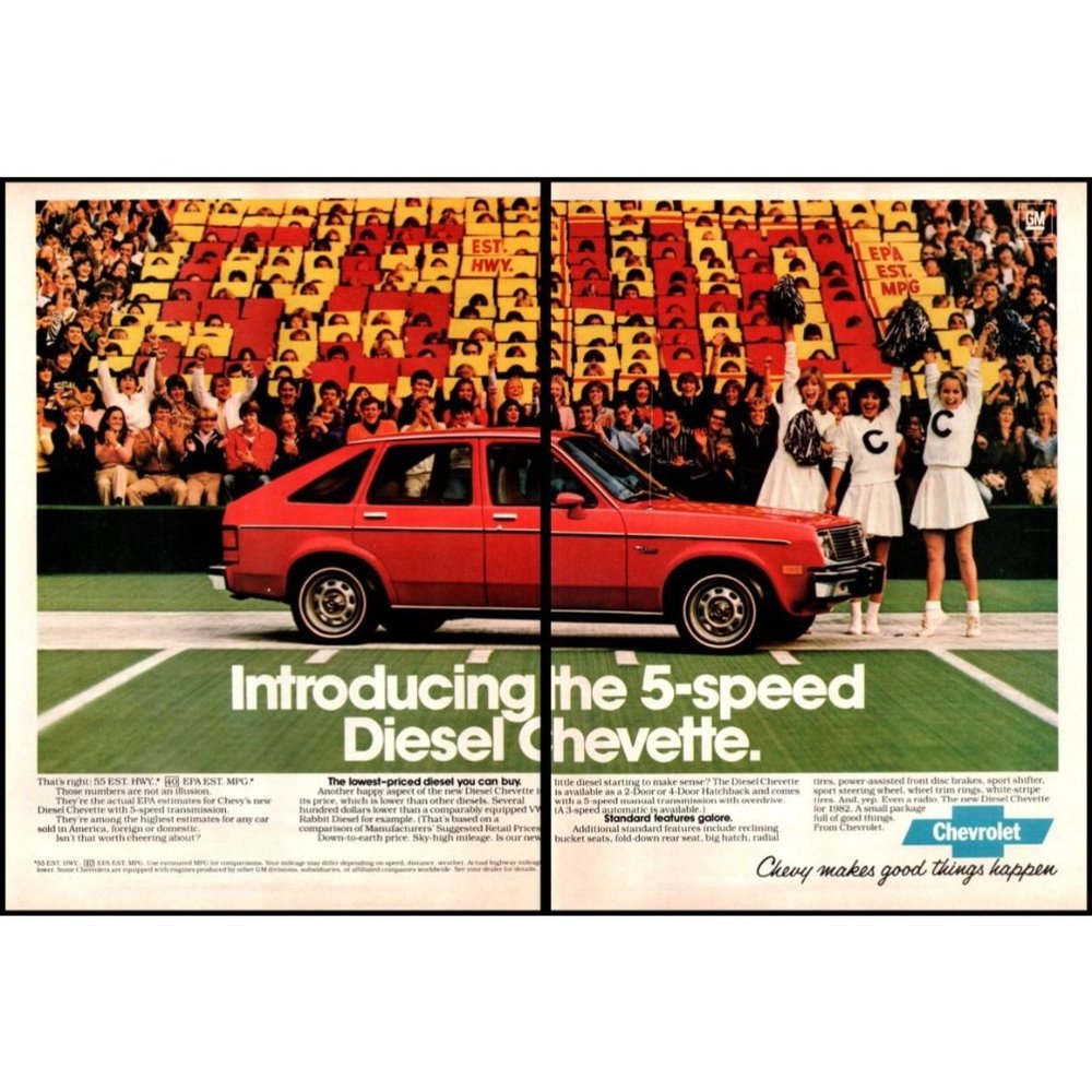 1982 Chevy Diesel Chevette 2 Page Vintage Print Ad Football Cheerleader Wall Art